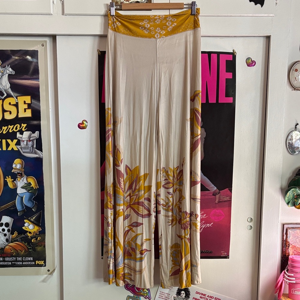 Free People Cream and Yellow Wide Leg Pants